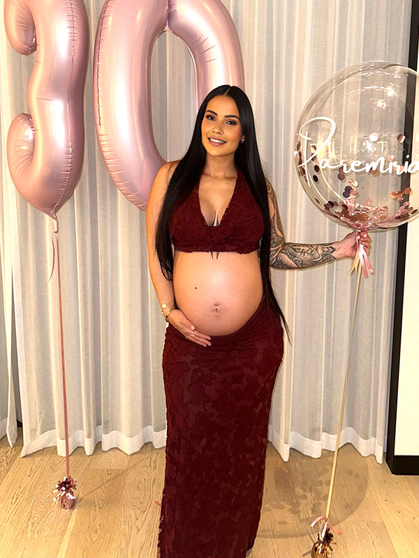 Momyknows Red Brown Halter Neck Lace-up Two Piece Maternity Baby Shower Maxi Dress