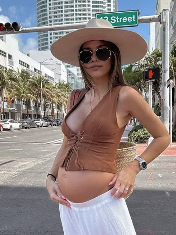 Momyknows Brown Lace-up Bodycon Photoshoot Maternity Top