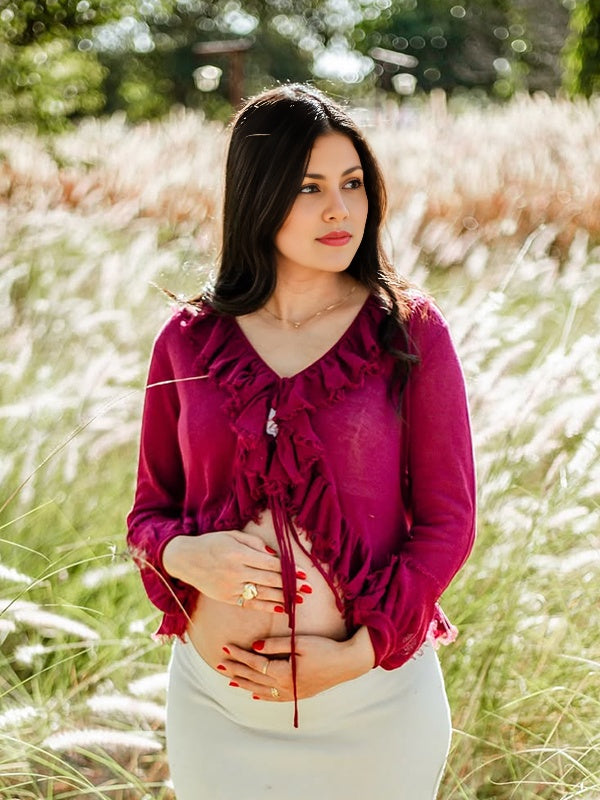 Momyknows Dark Red Falbala Cascading Ruffle Photoshoot Maternity Top