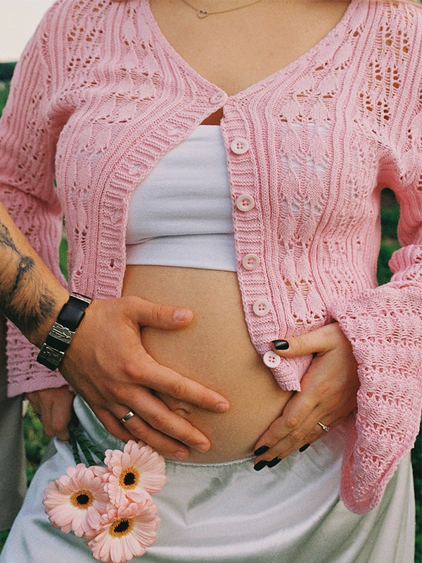 Momyknows Pink Buttons Crochet Cardigan Daily Maternity Tops