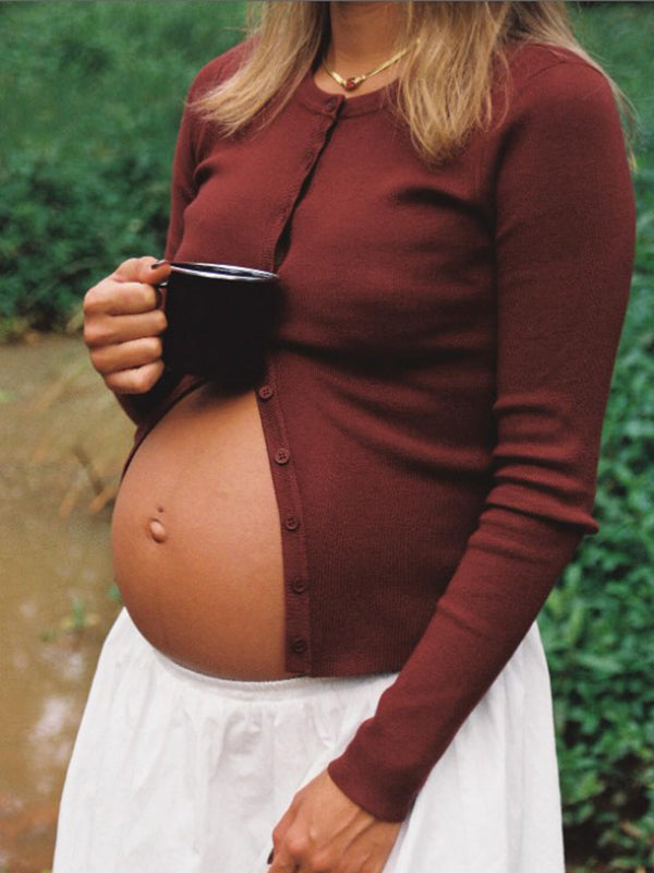 Momyknows Wine Red Crochet Single Breasted Bodycon Photoshoot Maternity Top