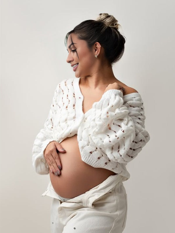 Momyknows White Knitwear Cardigan Single Breasted Photoshoot Maternity Top