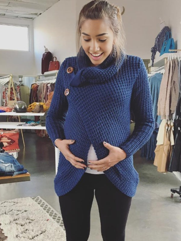 Momyknows Denim blue Buttons Solid Color Oversize Maternity  Sweater