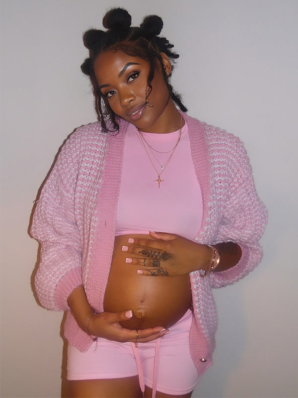Momyknows Pink Single Breasted Wavy Lines Maternity Sweater Cardigan