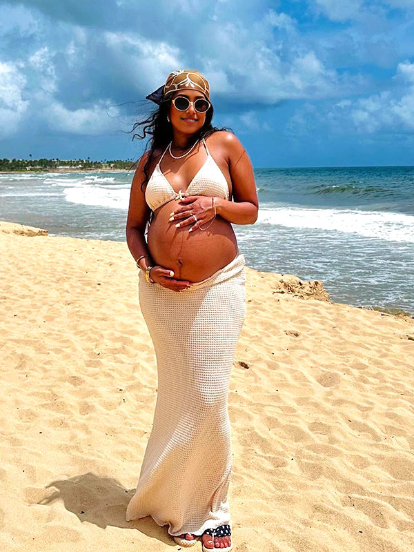 Momyknows Beige Halter Neck Starfish Decoration Three Piece Maternity Swimwear