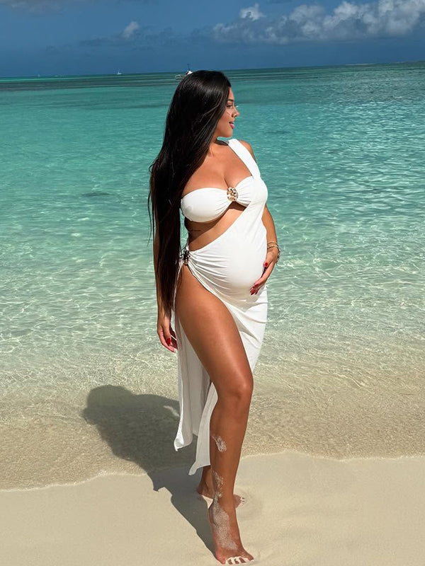 Momyknows White Metal Buckle Bikini Three Piece Set Chic Maternity Baby Moon Swimwear