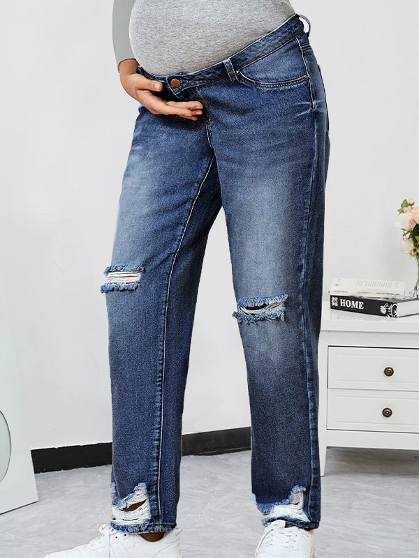 Momyknows Dark Blue Pockets High Waist Abdominal Support Maternity Ripped Jeans