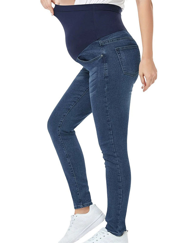 Momyknows Dark Blue Pockets Abdominal Support Maternity Skinny Pencil Jeans