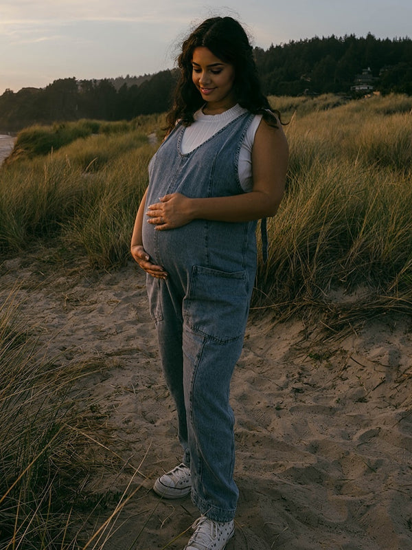 Momyknows Denim Pockets Wide Leg Comfy Overalls Casual Boyfriend Maternity Jeans Jumpsuit