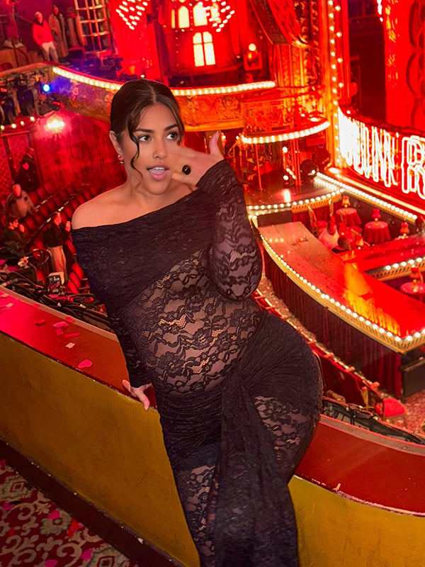 Momyknows Black Off Shoulder Lace Spliced Maternity Photoshoot Jumpsuit