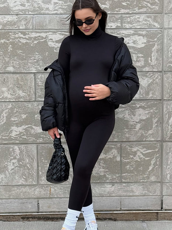 Momyknows Black Zipper High Neck Maternity Jumpsuit