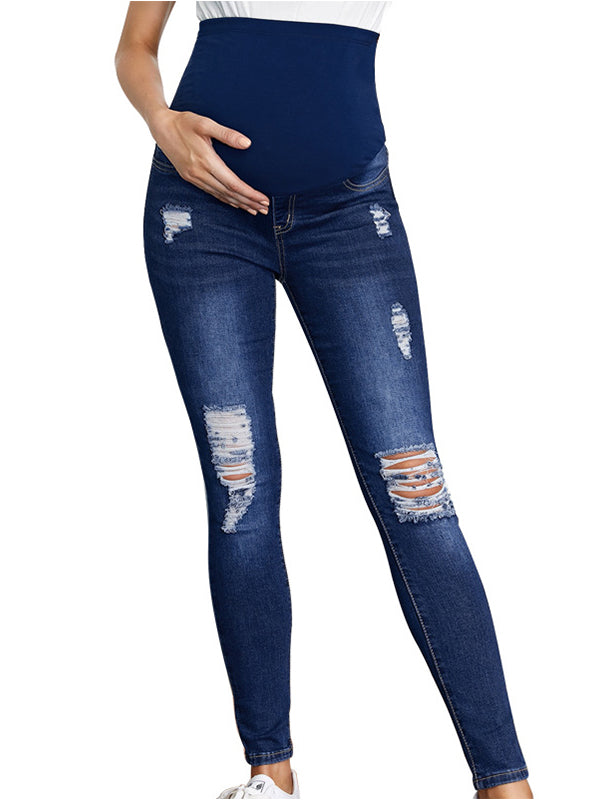 Momyknows Denim Ripped Leggings Pockets Maternity Bottoms