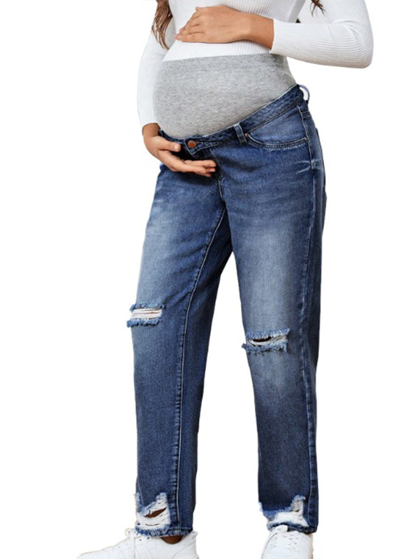Momyknows Denim Straight Pants Pockets Maternity Bottoms