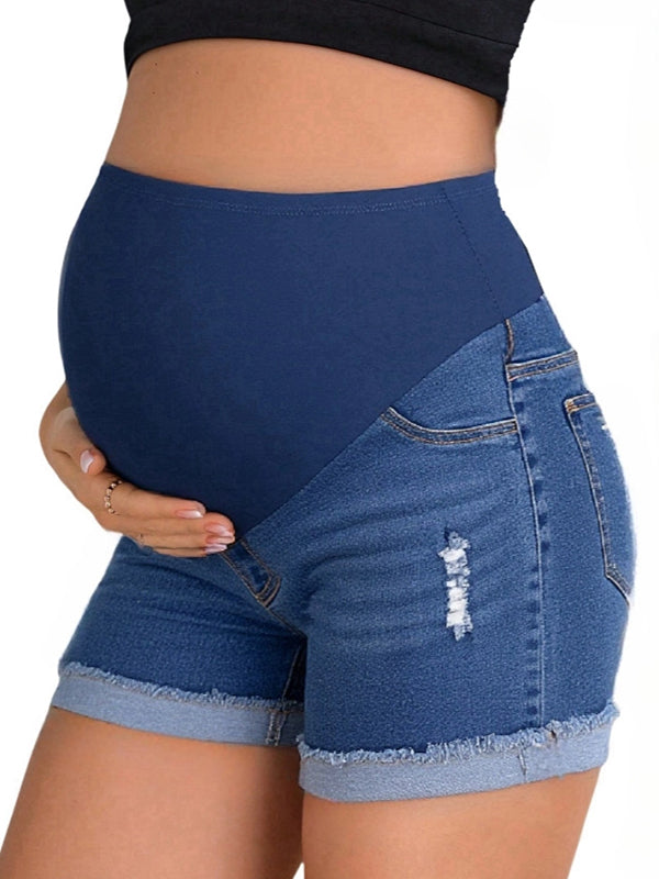 Momyknows Belly Support Denim Ripped Shorts Maternity Bottoms