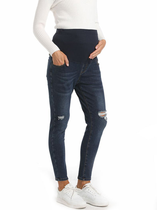 Momyknows Belly Support Ripped Jeans Maternity Bottoms