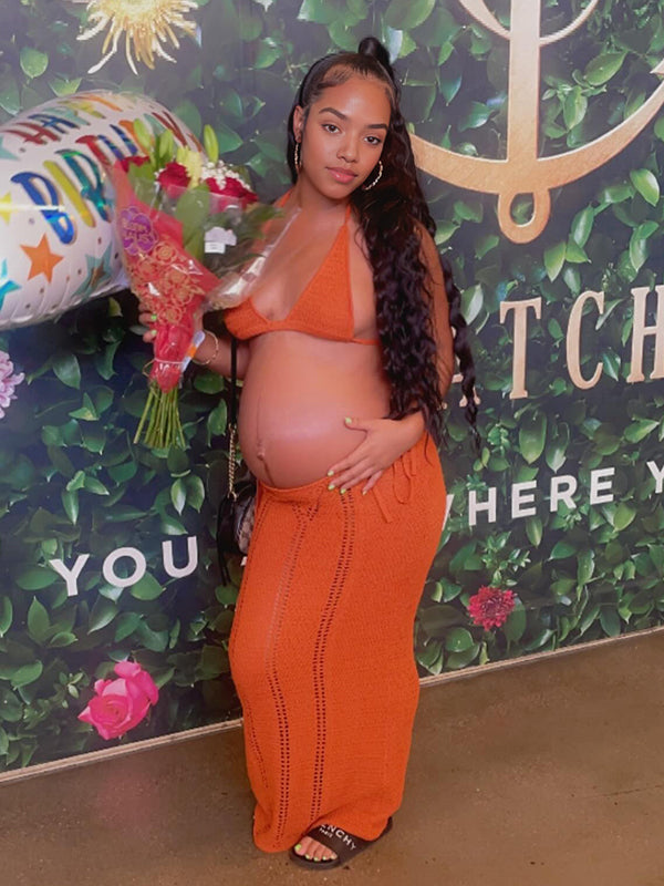 Momyknows Halter Neck Lace-up Two Piece Maternity Photoshoot Maxi Dress