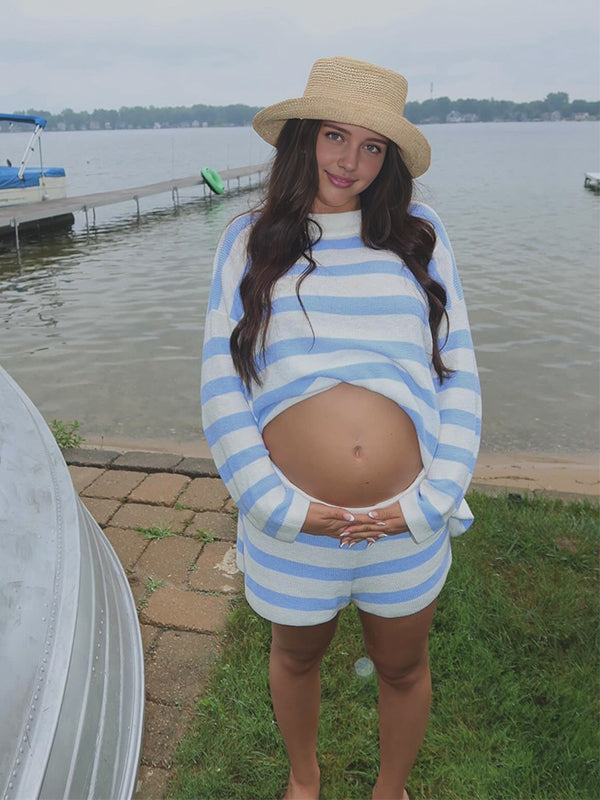 Momyknows Light Blue Knit Striped Daily Maternity Short Outfit