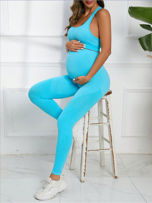 Momyknows High-waisted Hip-lifting Sports Tights Two-piece Suit Maternity Bottoms