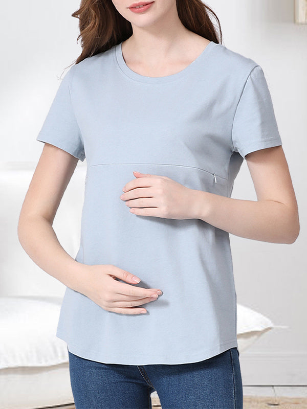Momyknows Zipper Solid Color Breastfeeding Daily Casual Home Maternity Nursing Top