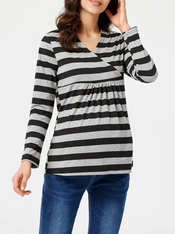 Momyknows Grey V Neck Striped Daily Going Out Maternity Nursing Top