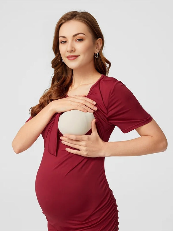 Momyknows Wine Red Round Neck Short Sleeve lace-up Casual Daily Maternity Nursing Dresses