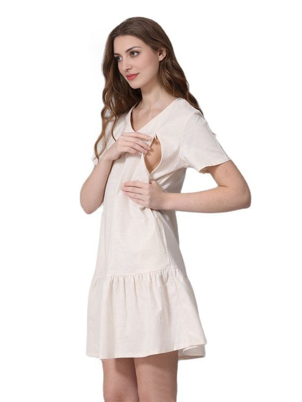 Momyknows White V-neck Short Sleeve Ruffle Casual Daily Maternity Nursing Dresses
