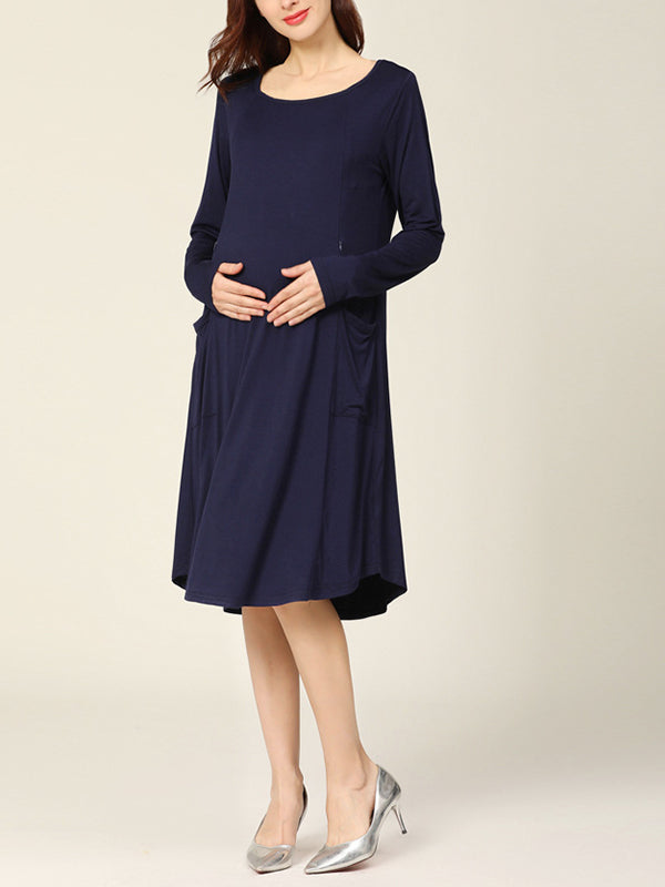 Momyknows Dark Blue Round Neck Long Sleeve Pockets Flowy Casual Daily Maternity Nursing Dresses