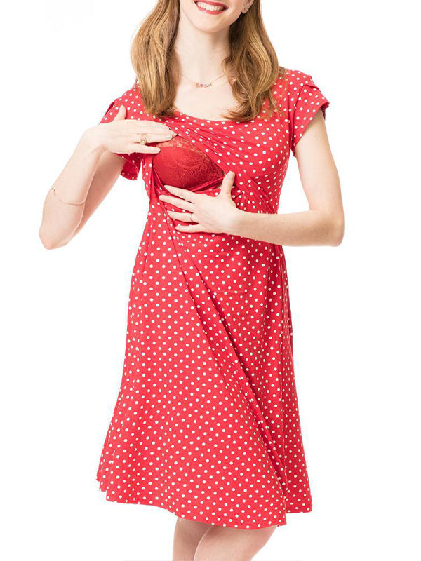 Momyknows Red White Polka Dot Round Neck Short Sleeve Casual Daily Maternity Nursing Dresses