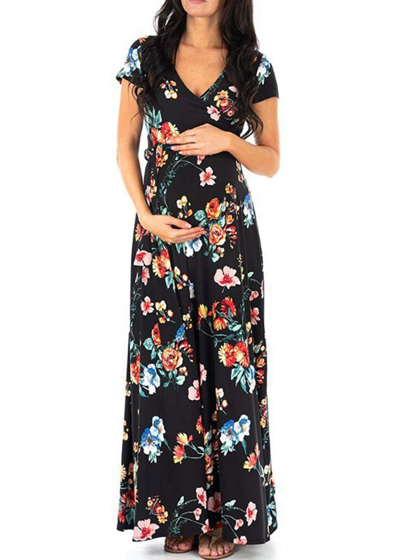Momyknows V Neck Stamp Duty Short Sleeve Maternity and Lactant Women Daily Vacation Maternity Nursing Dresses