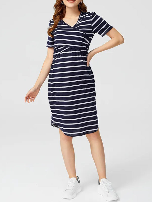 Momyknows Navy Blue V neck Striped Daily Going out Maternity Nursing Dress