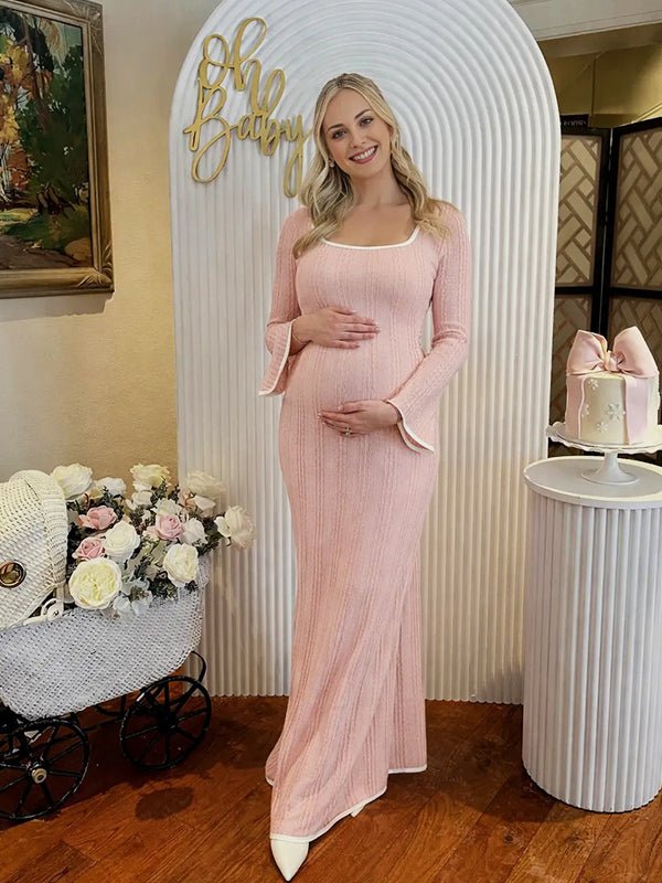 Momyknows Pink Ruffle A-line Square Neck Flare Sleeve Maternity Maxi Dress, Pink / M
