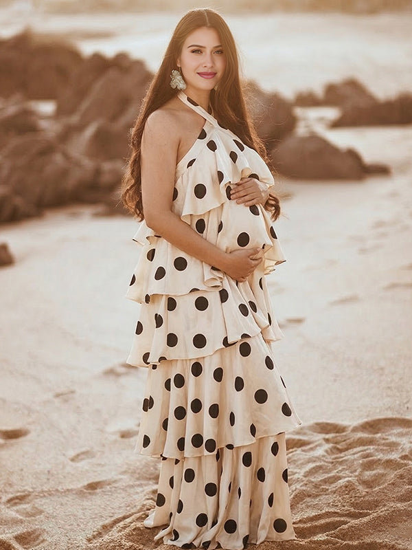 beige maternity maxi dress Momyknows Beige Polka Dot Layered Ruffle Backless Halter Neck Maternity Maxi Dress, Beige / XL