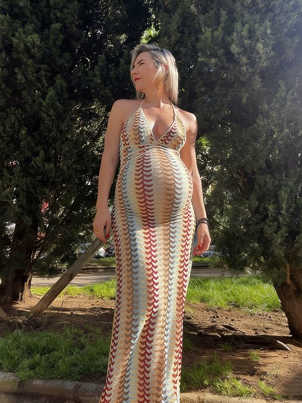 Momyknows Boho Striped Halter Neck Backless Patchwork Crochet Vacation Maternity Maxi Dress, Brown / S