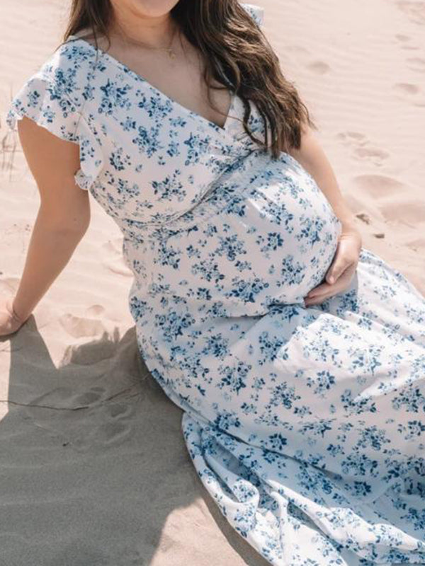 white floral maternity dress Momyknows Vacation White Floral Ruffle Ruched Maternity Photoshoot Skater Maxi Dress White / 2XL