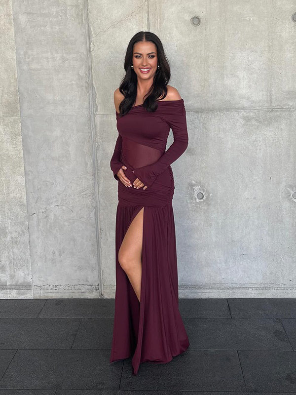 burgundy maternity maxi dress Momyknows Chic Wine Red Tulle Splicing Side Slit Ruched Off Shoulder Cocktail Maternity Maxi Dress Wine Red / M