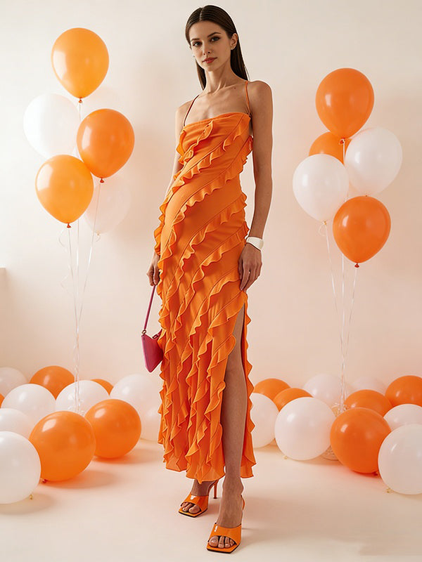 strapless open back dress Momyknows Chic Orange Falbala Side Slit Backless Tie Back Baby Shower  Maternity Maxi Dress