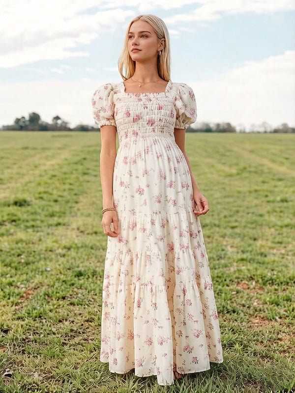 Momyknows Cute Pink Floral Shirring A-Line Ruffle Puff Sleeve Photoshoot Maternity Maxi Dress, Pink / S