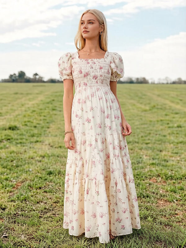 strapless open back dress Pink Floral Puff Sleeve Maternity Maxi Dress – PinkBlush main image 1