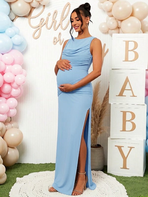 Momyknows Chic Light Blue Side Slit Ruched Knot Backless Side Draped Baby Shower Maternity Maxi Dress