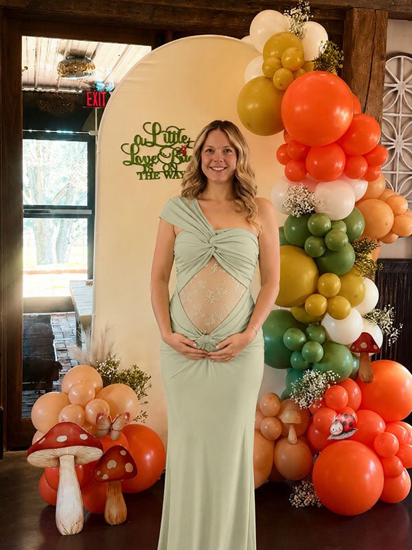 Momyknows Elegant Green Ruffle Oblique Shoulder Lace Bodycon Maternity Baby Shower Maxi Dress, Green / M