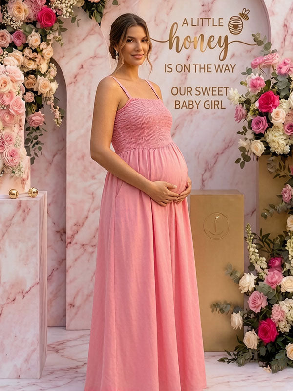 pink maternity baby shower dress Momyknows Chic Pink Shirring Pockets Spaghetti Straps Maternity Baby Shower Maxi Dress Pink / M