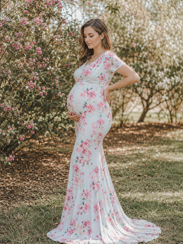 green and pink maternity dress PinkBlush Green Rose Print Sash Tie Maternity Maxi Dress