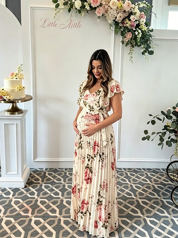 Momyknows Chic Apricot Floral Pleated Belt Falbala Backless Baby Shower Maternity Maxi Dress, Apricot / XS