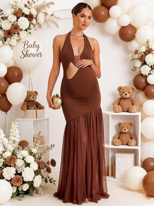 Momyknows Chic Brown Cut Out Patchwork Mesh Backless Halter Neck Baby Shower Maternity Maxi Dress