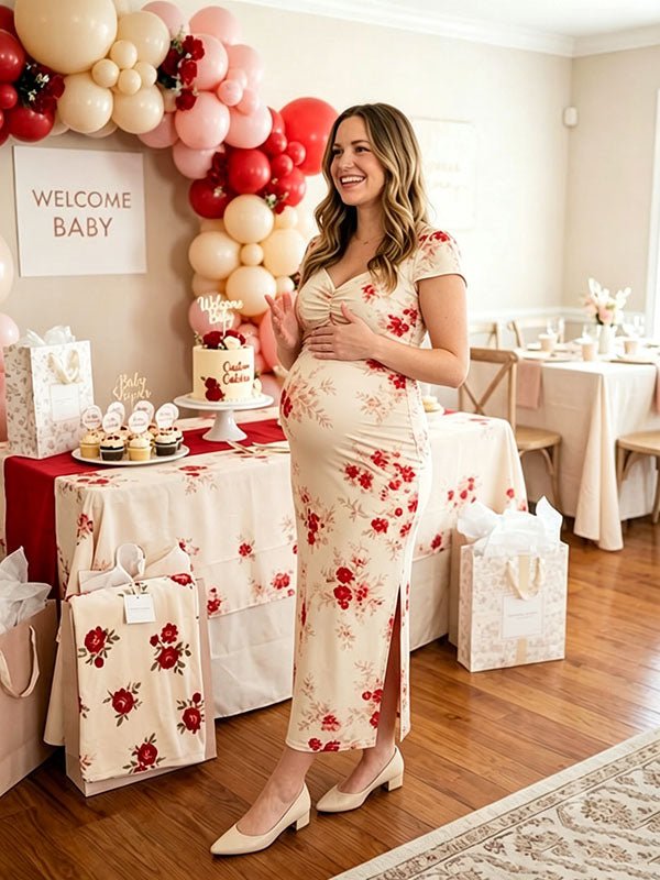 Momyknows Fashion Beige Floral Side Slit Bodycon Mermaid Baby Shower Maternity Maxi Dress
