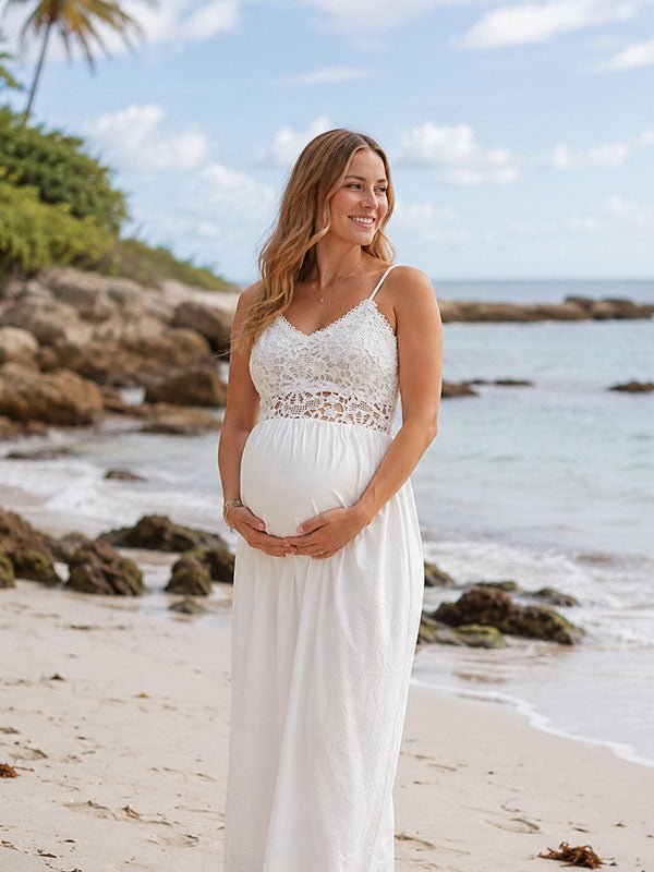 Momyknows Chic White Spaghetti Straps Lace Backless Photoshoot Maternity Maxi Dress, White / M