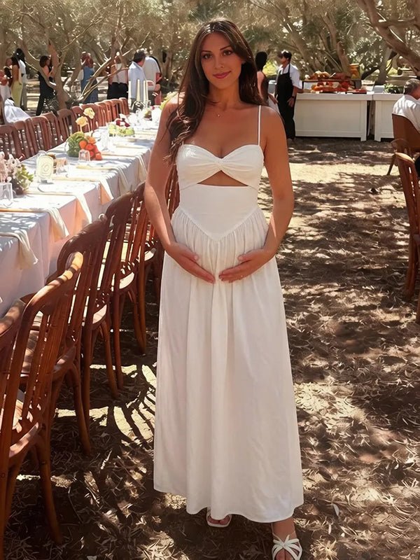 Momyknows Chic White Cut Out Knot Spaghetti Strap A-Line Baby Shower Maternity Maxi Dress, White / L