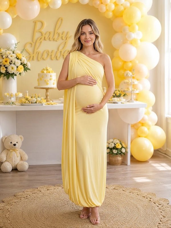 yellow maternity maxi dress Momyknows Elegant Oblique Shoulder Ruffle Draped Hem Baby Shower Size:Taille:S women cotton summer dresses White Rehearsal Dinner Dresses This dress features a