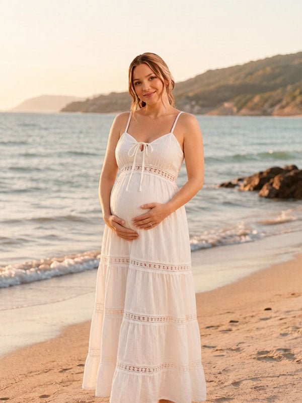 Momyknows Fashion White Spaghetti Straps Lace-Up Ruffle Falbala Bohemian Maternity Maxi Dress, White / S