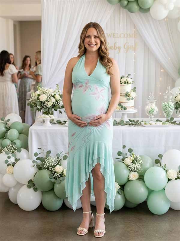 Momyknows Chic Green Floral Layers Of Falbala Irregular Backless Bodycon Baby Shower Maternity Maxi Dress